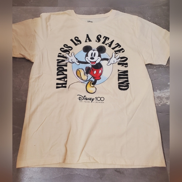 Disney Mickey Mouse Graphic T-Shirt "Happiness Is A State Of Mind". Beige/Yellow - Picture 1 of 9